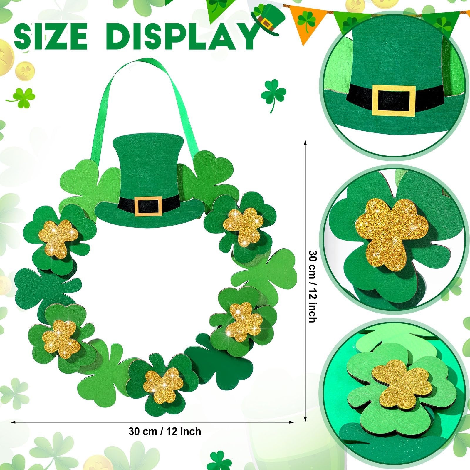 St. Patrick's Day wreath with shamrocks and a leprechaun hat, showing size display and close-ups.