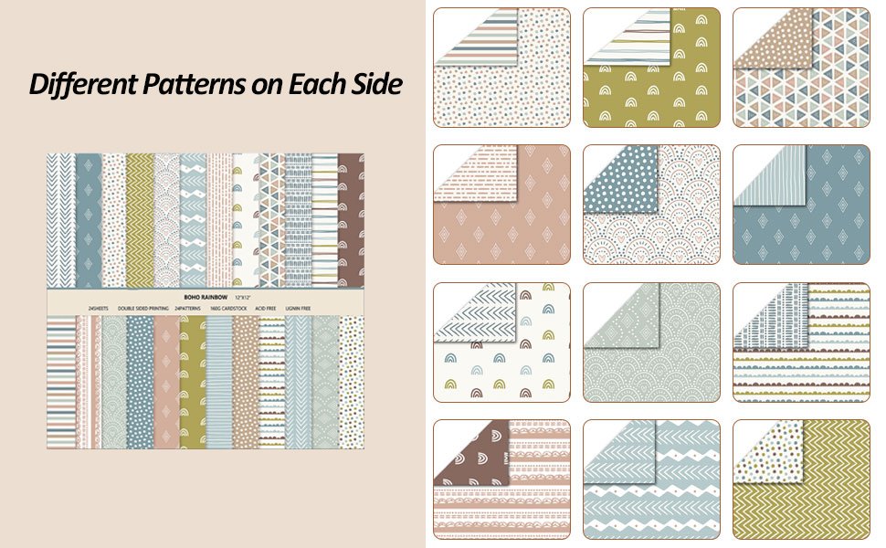 12x12 inch scrapbook paper pad with vintage boho rainbow patterns, shown flat and in detail views.