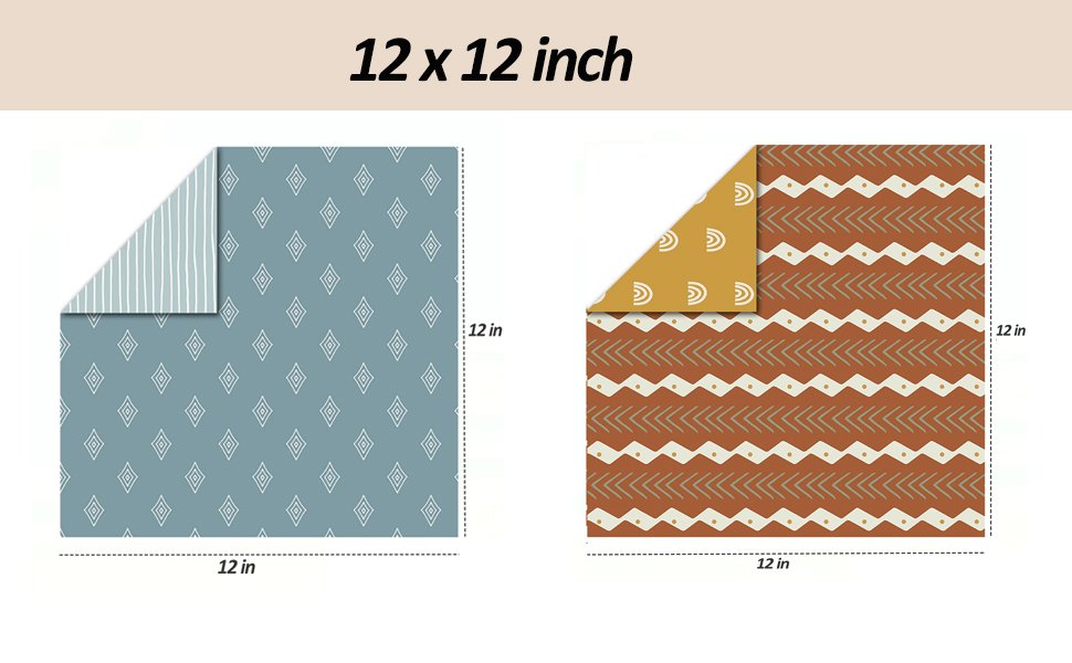 Two 12x12 inch scrapbook paper sheets with different vintage patterns displayed side-by-side.