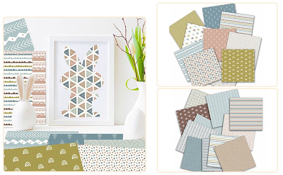 Collage of vintage patterned scrapbook paper sheets and a framed bunny art print.
