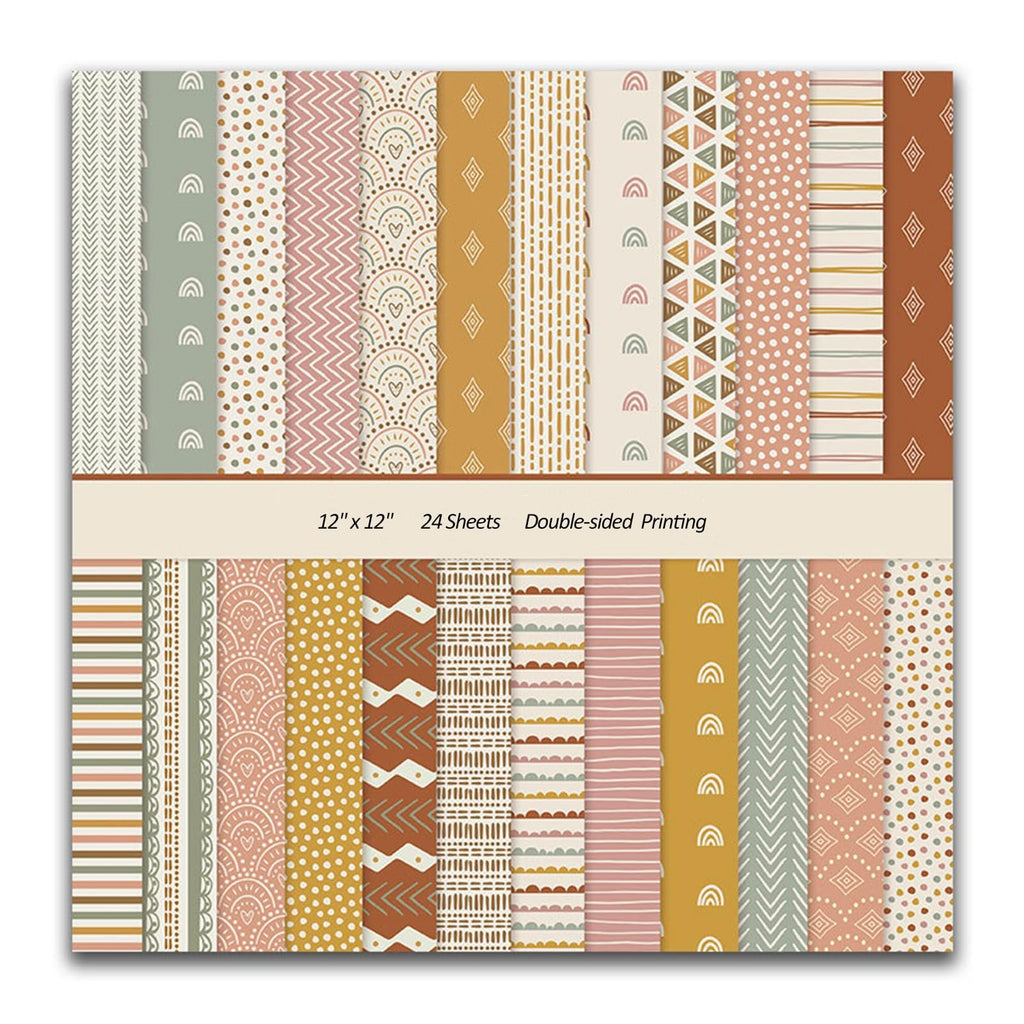 Scrapbook paper pad with 24 sheets of vintage patterns, displayed in two rows, showing various boho-inspired designs.