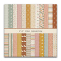 Scrapbook paper pad with 24 sheets of vintage patterns, displayed in two rows, showing various boho-inspired designs.
