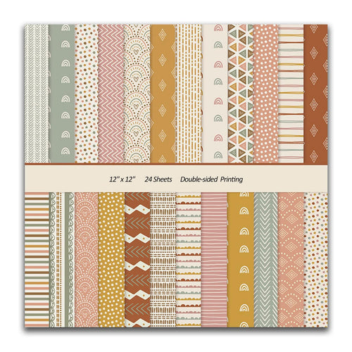 Scrapbook paper pad with 24 sheets of vintage patterns, displayed in two rows, showing various boho-inspired designs.