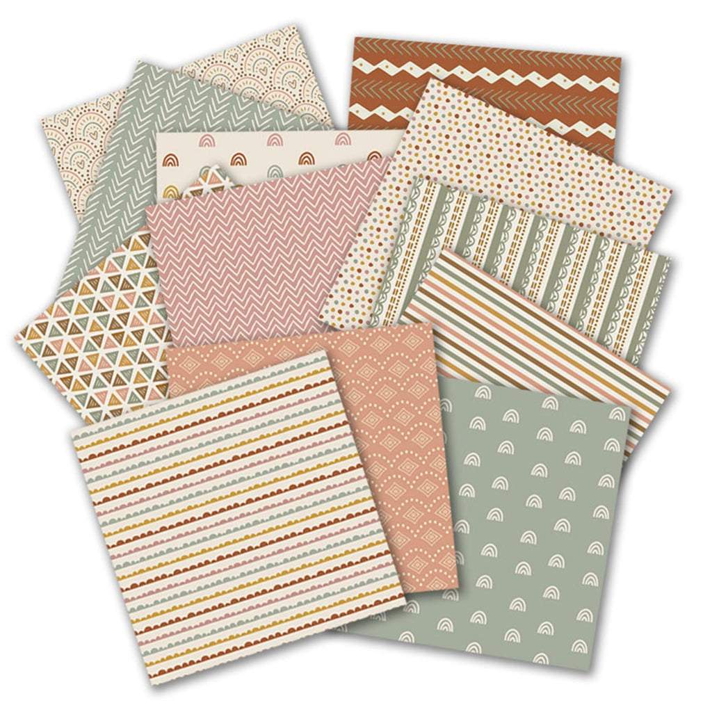 A fanned-out collection of 12x12 inch scrapbook paper sheets with various vintage patterns including rainbows, zigzags, stripes, and geometric shapes.