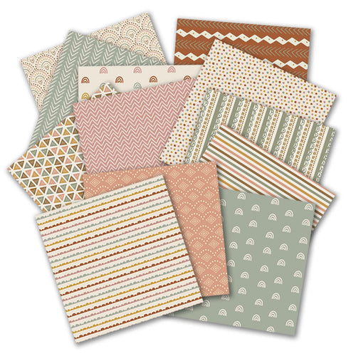 A fanned-out collection of 12x12 inch scrapbook paper sheets with various vintage patterns including rainbows, zigzags, stripes, and geometric shapes.