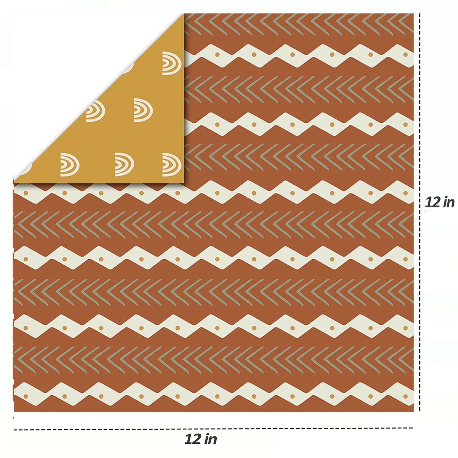 Two sides of a 12x12 inch scrapbook paper pad showing different vintage patterns. One side has a yellow background with white rainbow shapes, the other has a rust background with white and grey geometric patterns.