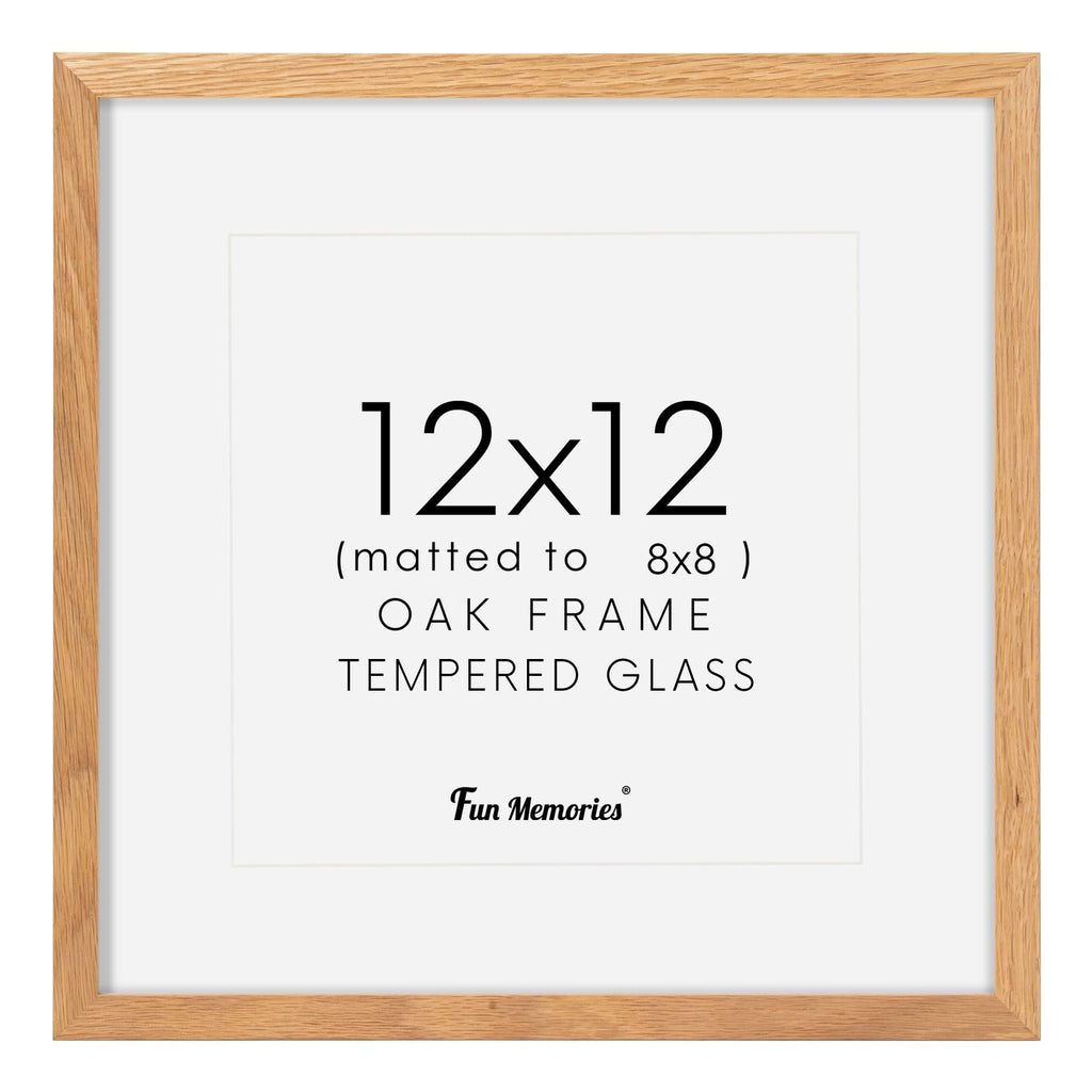 12x12 oak picture frame matted to 8x8 with tempered glass front, shown straight on.