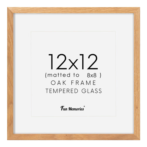 12x12 oak picture frame matted to 8x8 with tempered glass front, shown straight on.