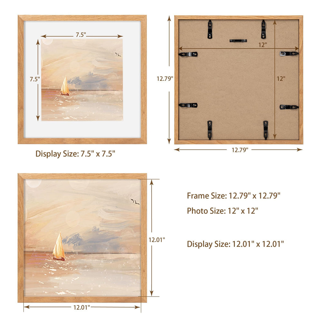 Three views of a solid white oak picture frame with a sailboat painting: front view showing 7.5" display size, back view showing hanging hardware and 12.79" frame size, and a side view showing 12.01" display size.