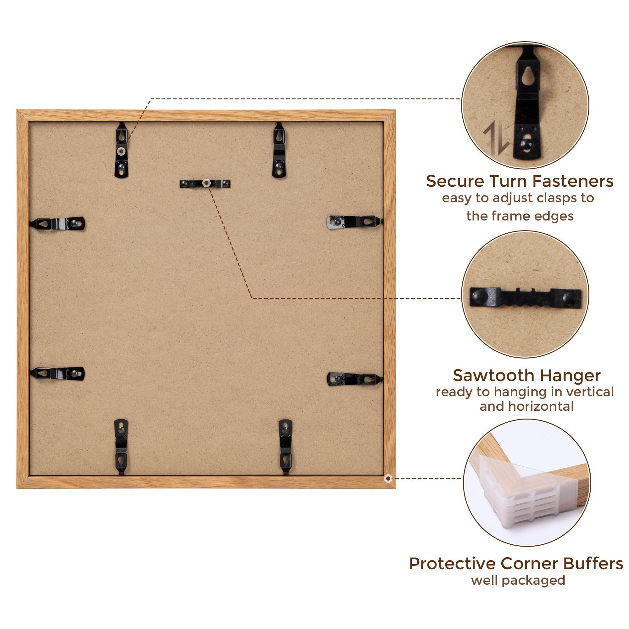 Back of a solid white oak picture frame showing secure turn fasteners, a sawtooth hanger, and protective corner buffers.