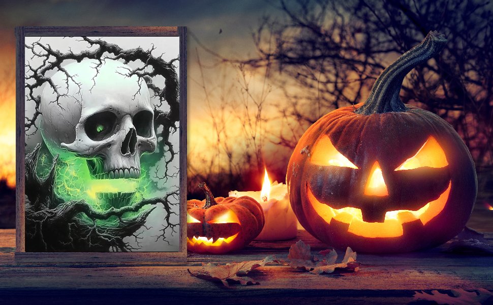 Halloween diamond painting kit featuring a skull with green energy and spooky pumpkins on a wooden table with candles and leaves.