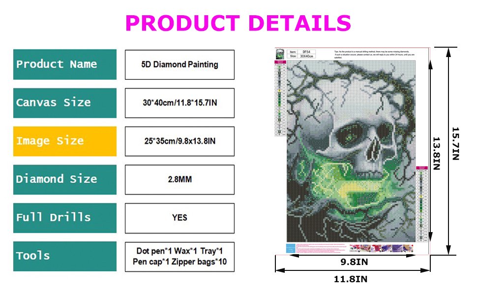Diamond painting kit details with skull graphic and dimensions. Includes product name, canvas size, image size, diamond size, full drills, and tools.