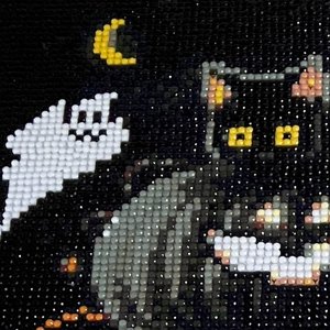 5D diamond art kit painting of a black cat and ghost under a crescent moon, close-up detail