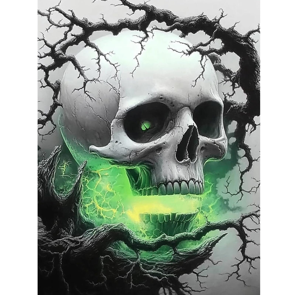 Skull with glowing green energy emanating from its mouth, surrounded by gnarled branches against a misty background.