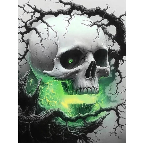 Skull with glowing green energy emanating from its mouth, surrounded by gnarled branches against a misty background.