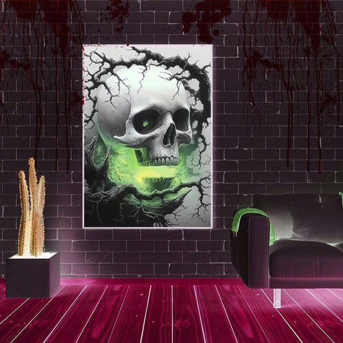5D diamond art kit featuring a skull with green glowing energy, set against a brick wall background with blood splatters.