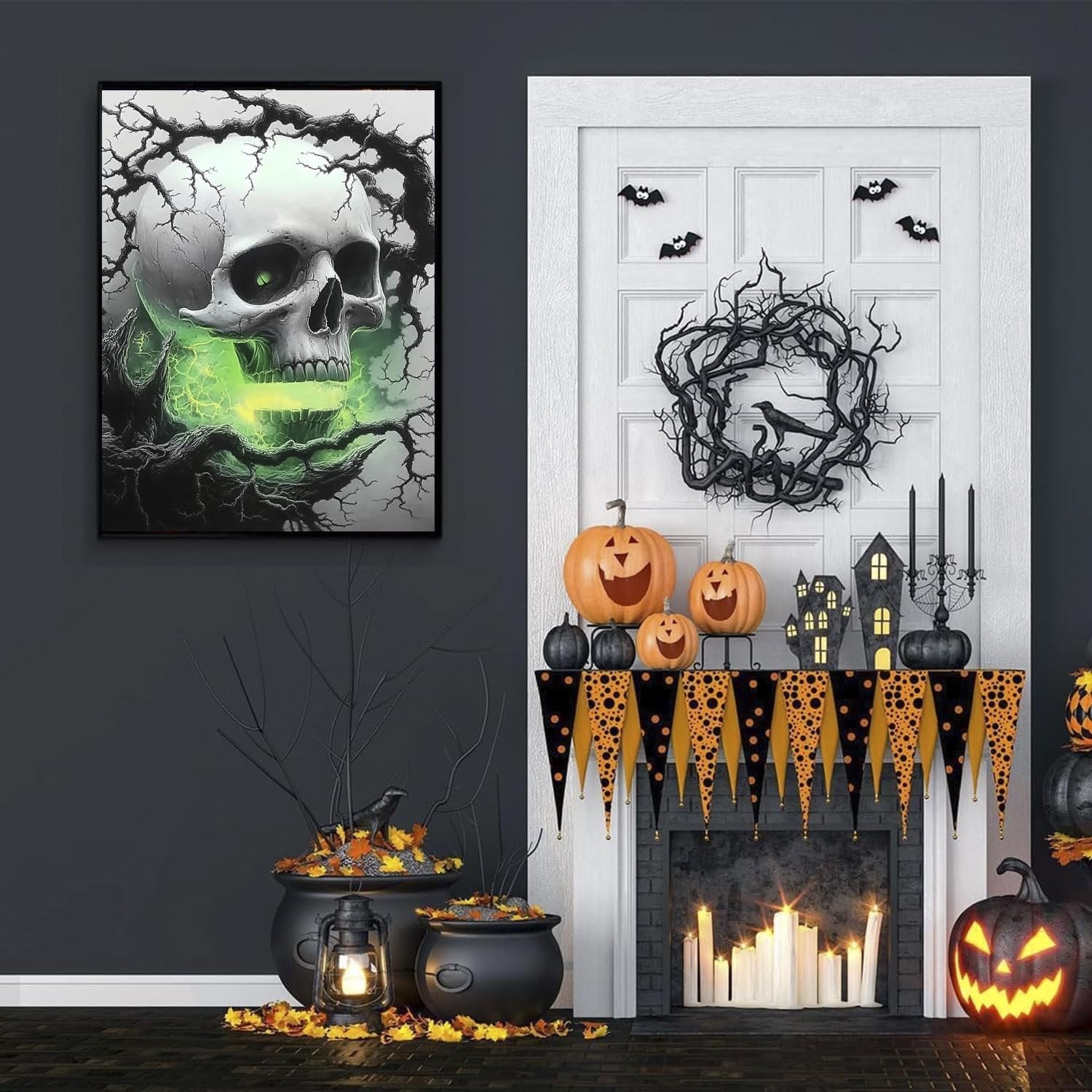 Halloween themed room decor with a diamond art painting of a skull with green energy, pumpkins, a wreath, and candles.