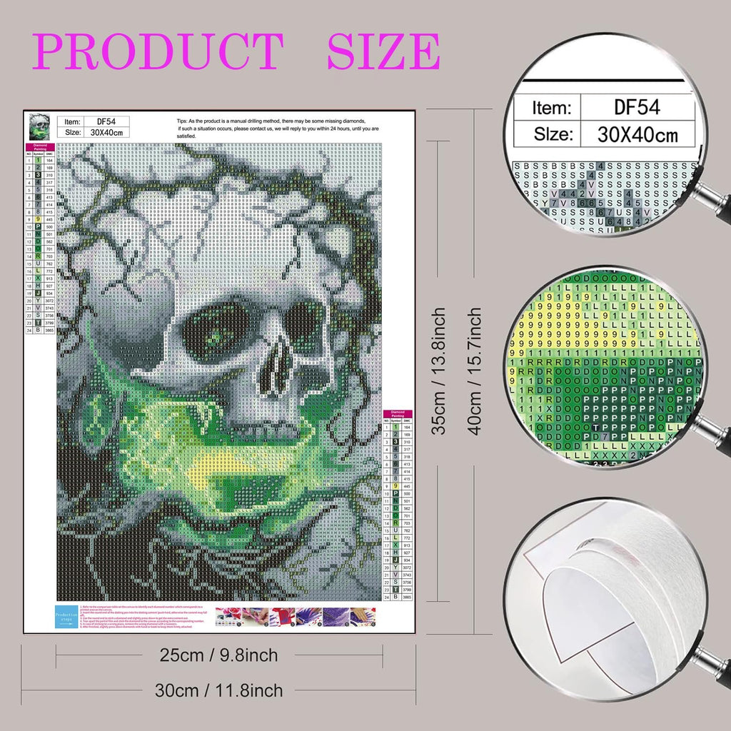 Diamond painting kit featuring a skull design with green accents, showing a color chart and size dimensions.