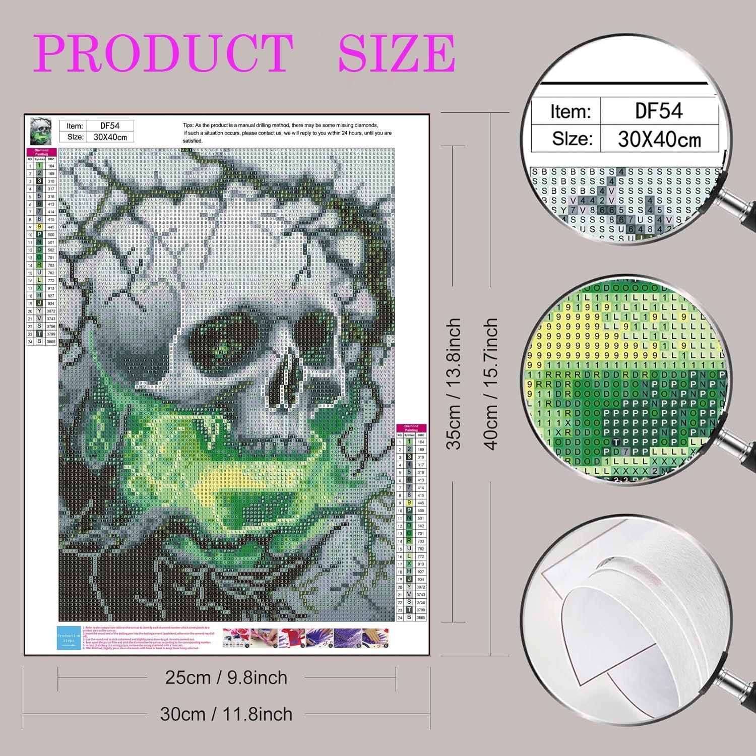 Diamond painting kit featuring a skull design with green accents, showing a color chart and size dimensions.