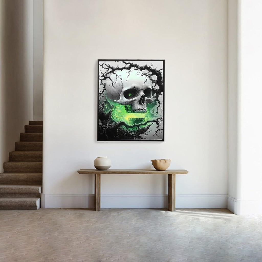 Framed 5D skull diamond art painting with green glowing accents hanging on a wall above a console table.