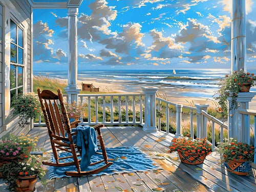 Ocean view from a porch with a rocking chair and potted flowers, featuring a sailboat on the water.