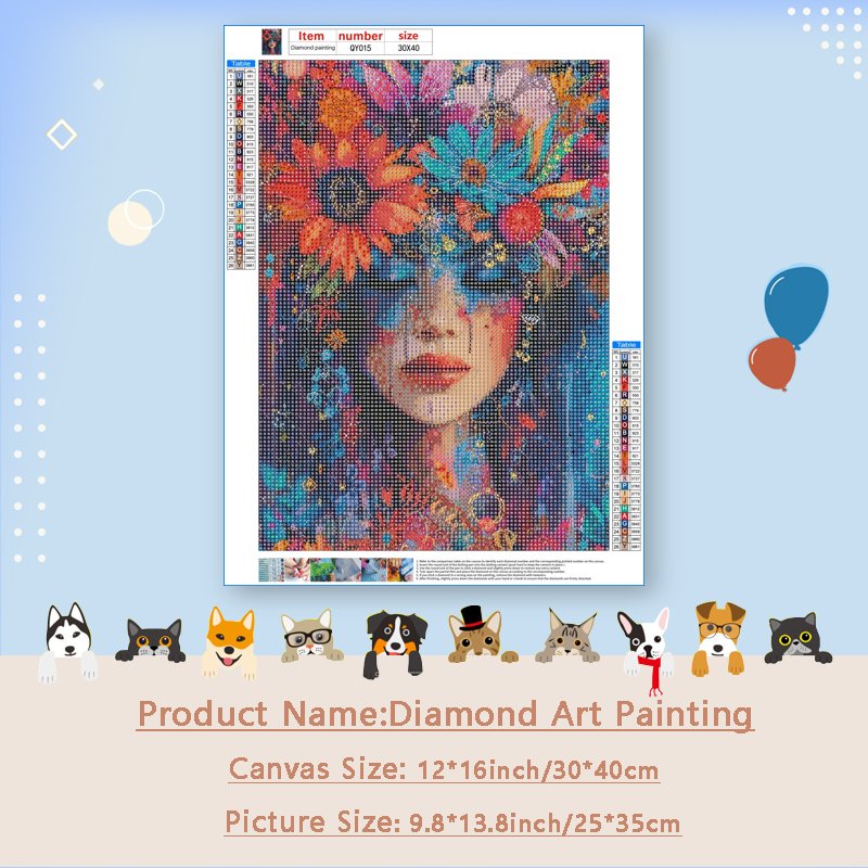 Diamond art painting kit featuring a portrait of a woman with flowers in her hair, with color and symbol key.