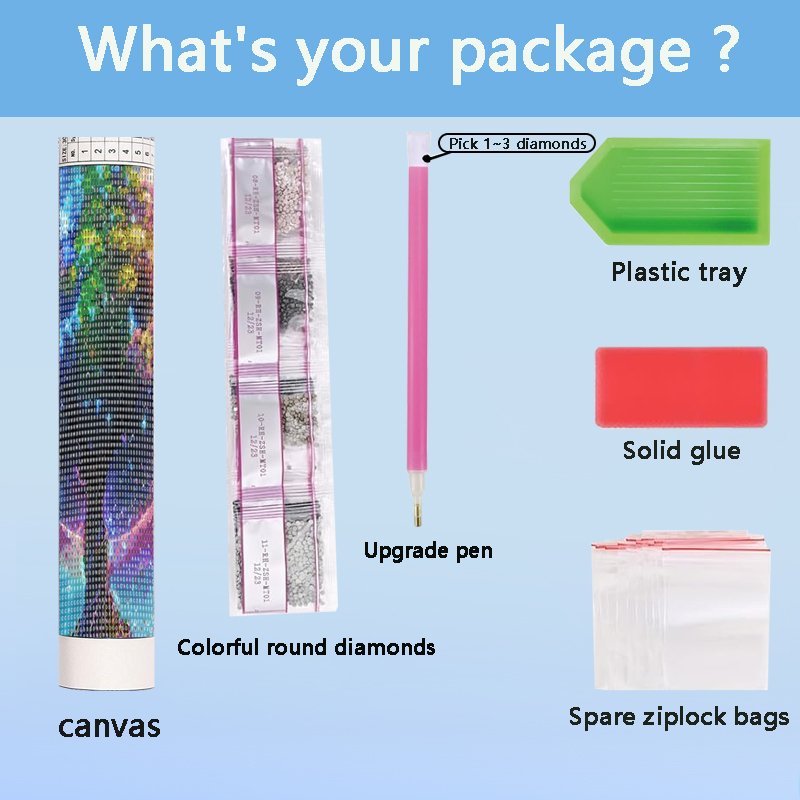 Diamond art kit contents laid out: rolled canvas, bags of colorful round diamonds, upgrade pen, plastic tray, solid glue, and spare ziplock bags.