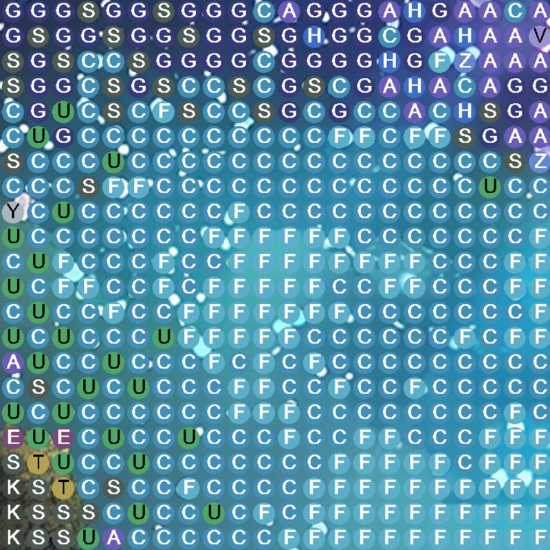 Diamond painting grid with color codes and letters, showing a pattern for a flower design.