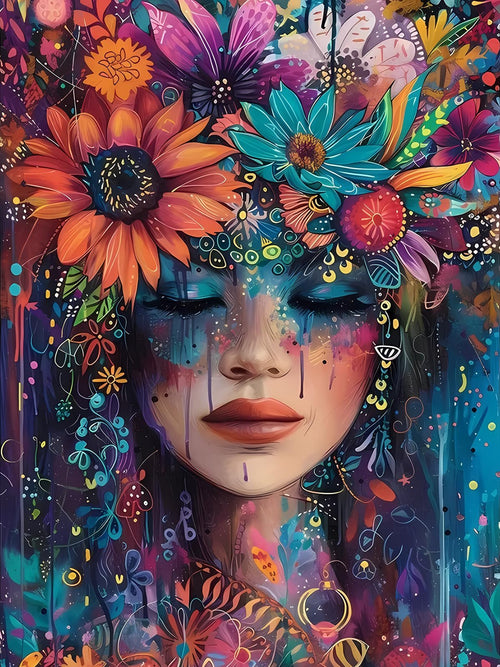 Abstract portrait of a woman with a floral headdress, painted in vibrant, colorful, and dripping artistic style.