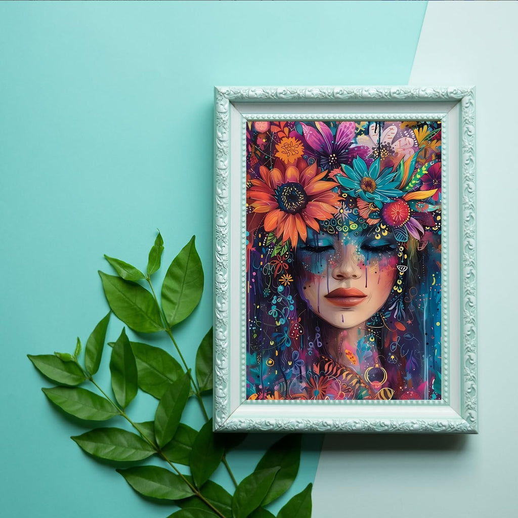 Diamond art kit painting of a woman with a floral headdress in a decorative frame, with green leaves on the side.