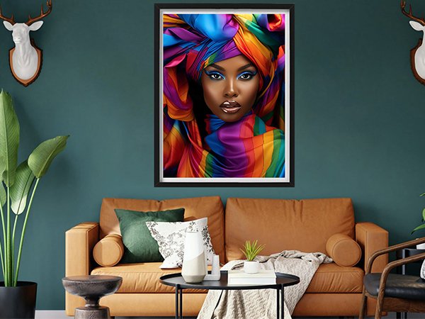 Framed diamond painting of a woman wearing a colorful headwrap and vibrant makeup, displayed in a living room setting.