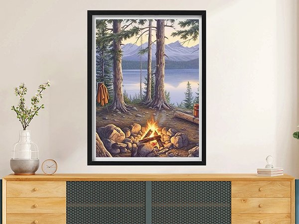 Framed diamond painting of a serene lakeside campsite with a campfire and mountains in the background.