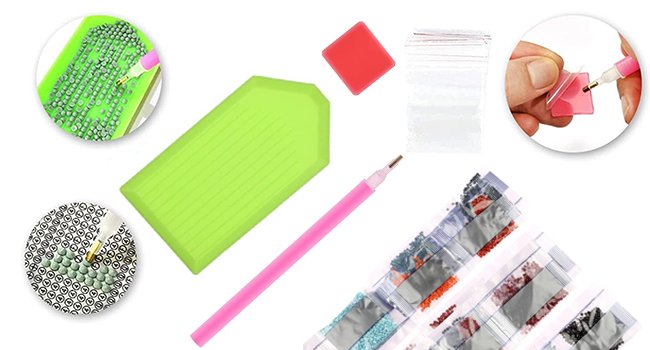 Diamond painting kit contents including trays, pen, and diamond bags on white background.