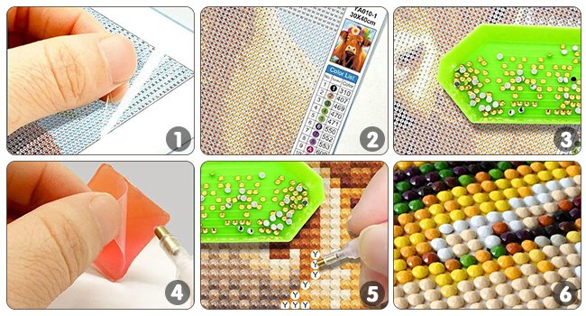 Diamond painting kit instructions showing six steps: peeling backing, color list with cow image, diamonds in tray, applying diamonds, close-up of diamond placement, and finished diamond art.