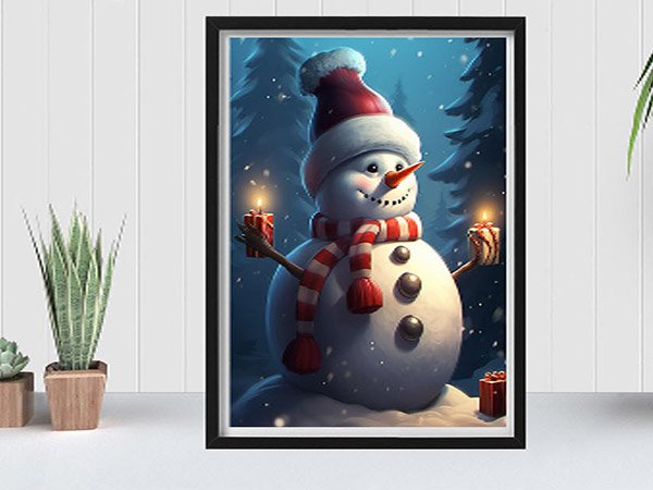 Diamond painting kit featuring a cheerful snowman holding lit candles in a snowy forest setting.