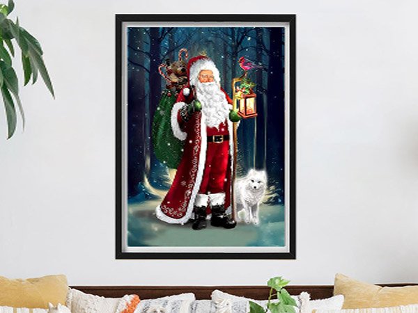 Diamond painting kit featuring Santa Claus in a snowy forest with a fox and bird
