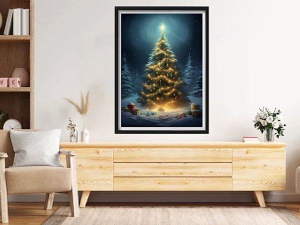 Diamond painting kit featuring a decorated Christmas tree with presents in a snowy scene, framed and hung on a wall.