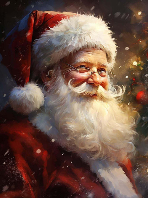 Close-up portrait of Santa Claus with a white beard and mustache, wearing glasses and a red hat with white trim.