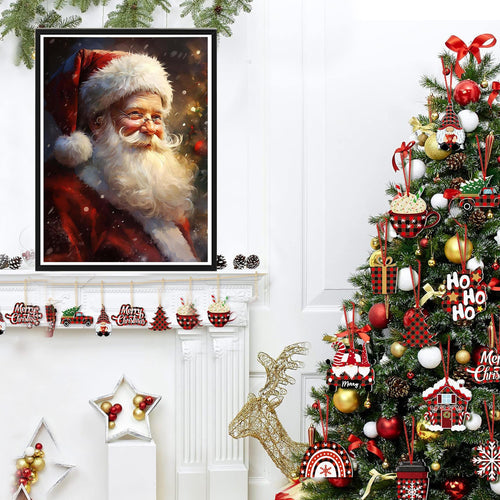 Christmas tree decorated with ornaments and a framed painting of Santa Claus above a mantelpiece with festive decorations.