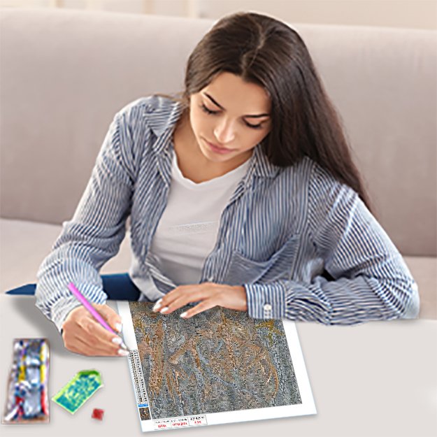 Woman working on a 5D diamond art painting kit with a forest deer design at a table