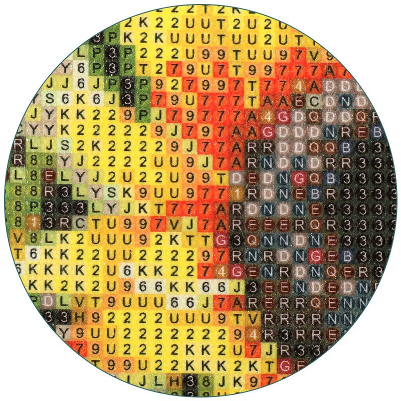 Diamond painting kit grid with letters and numbers, close-up view of the pattern grid.