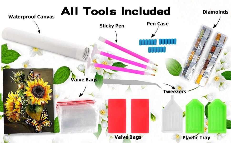 Diamond painting kit contents including waterproof canvas, sticky pens, tweezers, plastic trays, and diamond bags, with a sunflower and butterfly design.