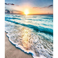 Seaside sunset with waves crashing on a sandy beach, diamond painting design.