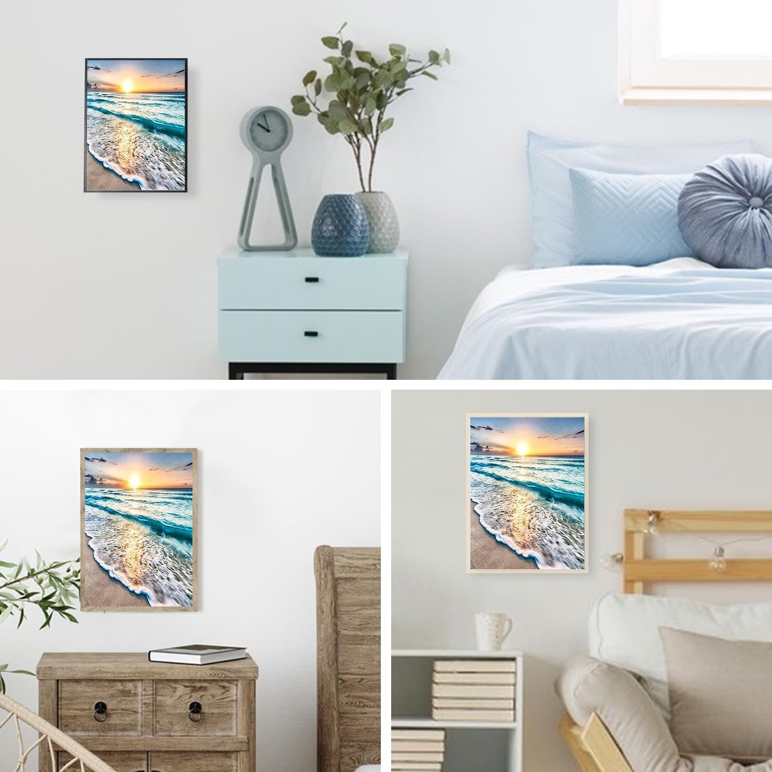 Diamond painting kit with a seaside sunset scene hanging on a wall in a bedroom setting