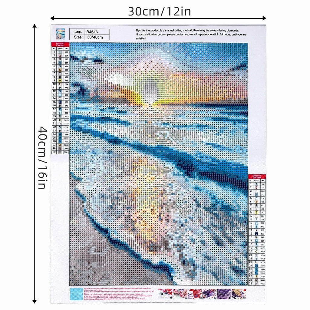Diamond painting kit showing a seaside sunset scene with waves, with a legend and instructions overlaid.