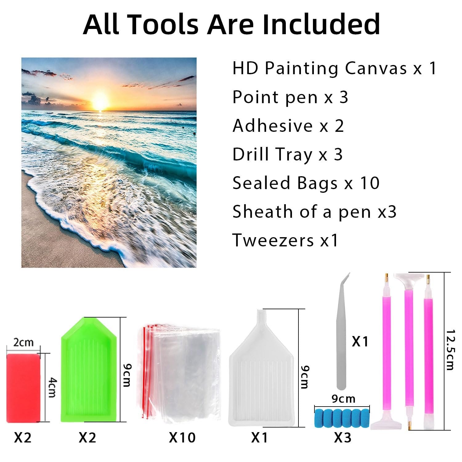 Diamond painting kit contents including canvas, pens, adhesive, trays, bags, tweezers, and drill bits.