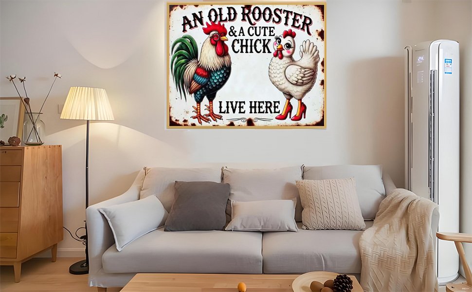 Diamond painting of an old rooster and a cute chick on a wall above a sofa.