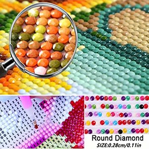 Diamond painting kit close-up showing round diamonds and tools, with a magnified view of completed sections.