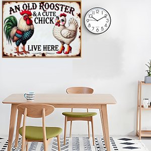 Diamond painting kit featuring an old rooster and a cute chick with text 'AN OLD ROOSTER & A CUTE CHICK LIVE HERE' displayed on a wall above a dining table.