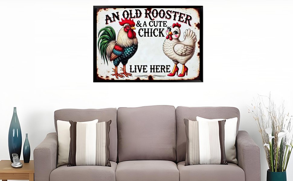 Diamond painting kit featuring an old rooster and a cute chick on a sign that says 'An Old Rooster & A Cute Chick Live Here', displayed above a sofa.